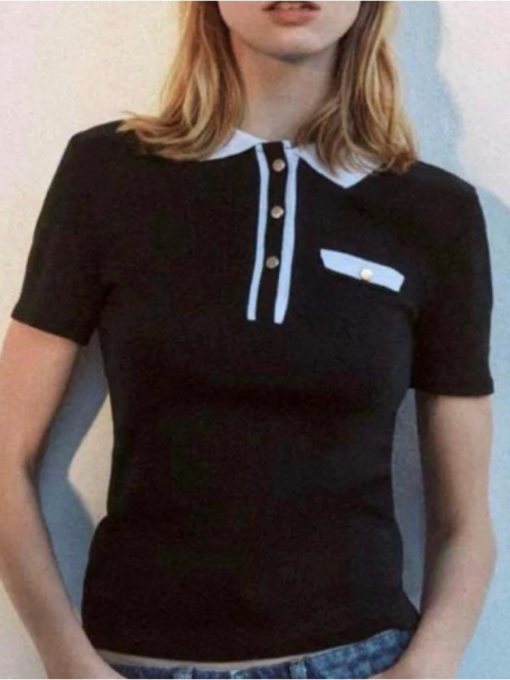 Zara Black Short Sleeve Polo Top with White Trim